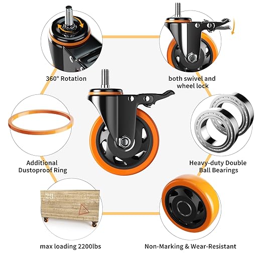 Stem Caster Wheels 4 Inch Heavy Duty Threaded Stem Casters UNC 3/8"-16 x 1 Swivel Casters Set of 4 with Safety Dual Locking Wheel for Furniture and Cart