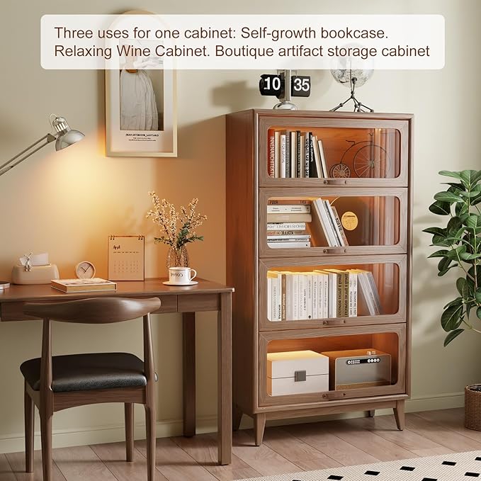 Solid Wood Bookcase 4 Tier With Tempered Glass Doors 60 Inch, Kitchen Pantry Display Cabinet, Brown Finish Cube Storage Organizer, Bookshelf Versatile Storage With For Home Office(No Light Strip)