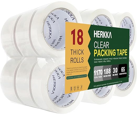 HERKKA Clear Packing Tape, 18 Rolls Heavy Duty Packaging Tape for Shipping Packaging Moving Sealing, 3 Mil Thick Clear Packing Tape, 1.88 inches Wide, 65 Yards Per Roll, 1170 Total Yards