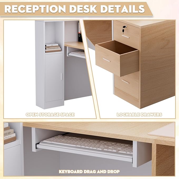 L-Shaped Modern Reception Desk with Counter & Storage - 71" Large Office Front Desk, Salon Checkout Counter with Lockable Cabinets, Shelves (Oak & White, Right - 71''L x 34''W x 41''H)