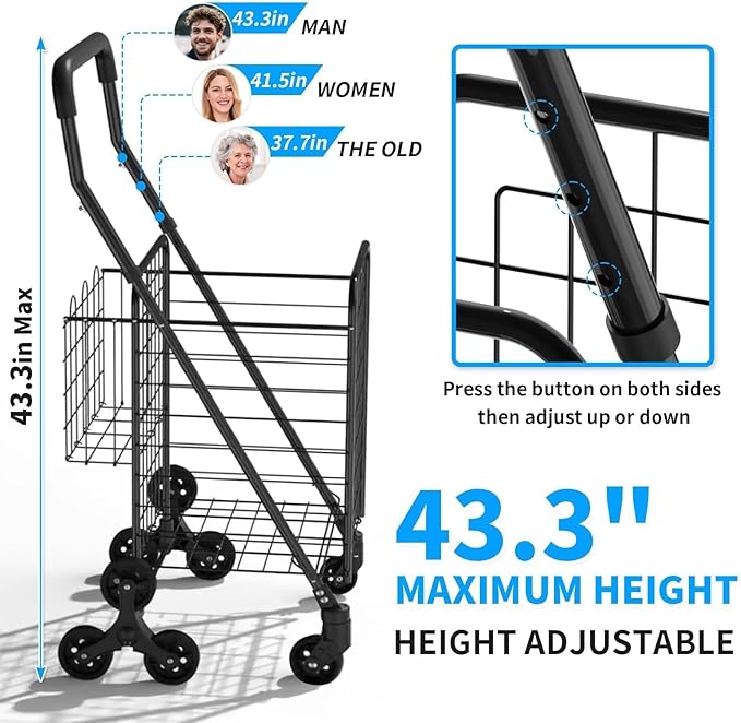 Folding Shopping Cart, Heavy-Duty Stair-Climbing Grocery Cart with 360° Swivel Wheels - Extended Foam Handle - Utility Trolley for Laundry, Travel, Shopping