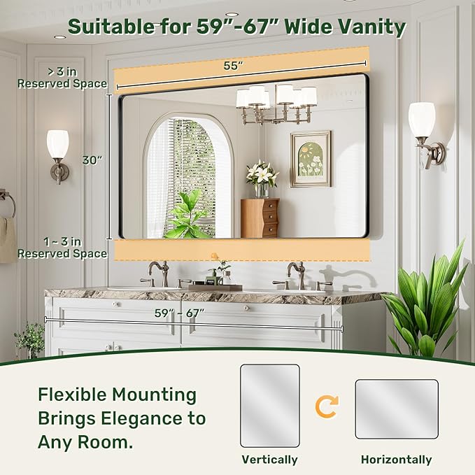 55X30 Black Bathroom Mirror for Over Sink, Metal Framed Vanity Mirror Wall Mounted, Rectangle Mirror for Bedroom Living Room Restroom Entryway, Anti-Rust, HD Tempered Glass