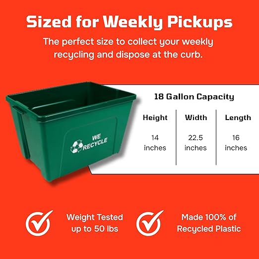Curbside 18 Gallon Green Recycling Bin with Carrying Handles for Homes or Businesses | Easily Recongizable Bin for Curb - Two Bins - Green