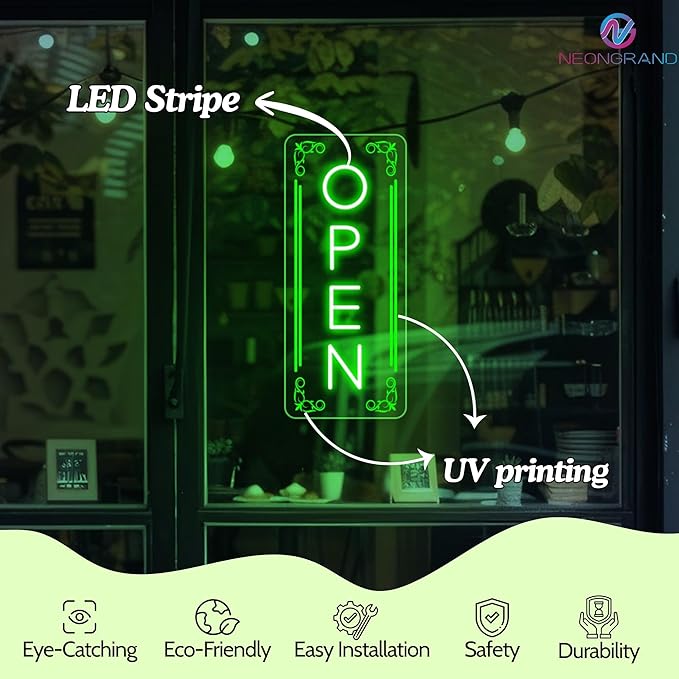 Vertical LED Open Signs for business – Super Bright - UV Printing Pattern, Remote Included - Large Size 18x45'' - Neon Open Sign for Café, Bar, Shop & Business Sign (Green)