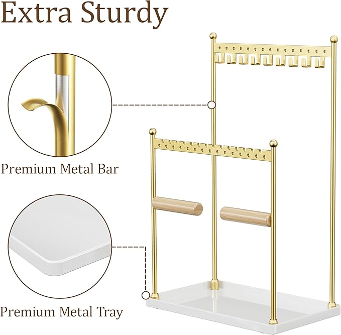 Jewelry Tower Necklace Holder Organizer – 3-Tier Jewelry Display Rack with Storage Tray – Holds 22 Pairs of Earrings, Bracelets, Rings, Necklaces – Gift for Girls & Women, Gold