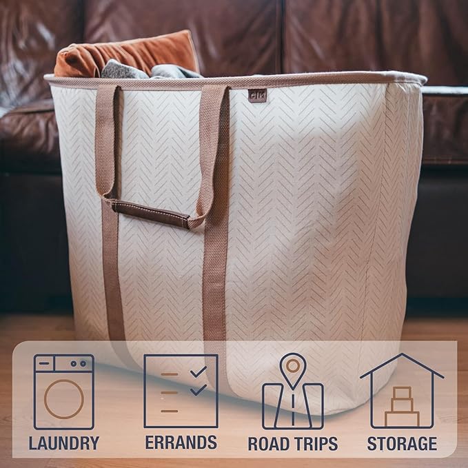 CleverMade Collapsible Laundry Caddy -LUXE Cream Herringbone 2Pack 64L -Foldable Storage Organization Container Clothes Laundry Room Storage Solution