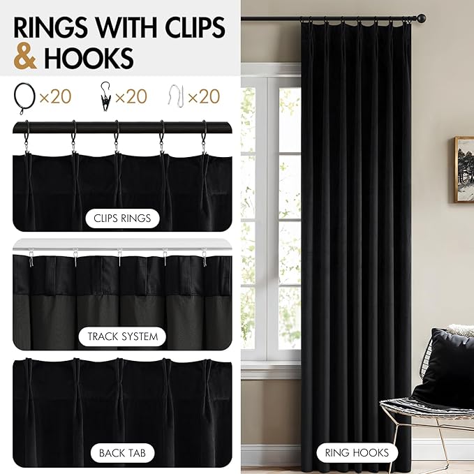 MIULEE Pinch Pleated Black Velvet Blackout Curtains 84 inches Long, Thermal Insulated Pinch Pleat Drapes with Hooks, Luxury Halloween Window Panels for Bedroom Living Room, 2 Panels