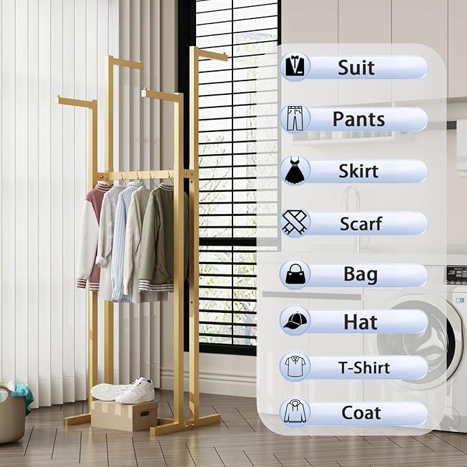 Gold Clothing Racks, Metal Clothes Rack with 4 Straight Arms, Freestanding Garment Rack for Hanging Clothes Heavy Duty, 46" to 63" Adjustable Height Retail Clothing Rack for Boutiques Display