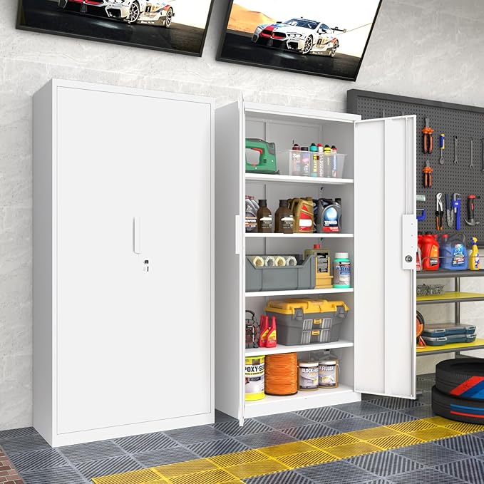 Metal Garage Storage Cabinet with Lock, 71" Tall Steel Storage Locker with 4 Adjustable Shelves, Heavy Duty Metal Cabinet for Garage, Office, Home, 31.5”W × 16.5”D, White