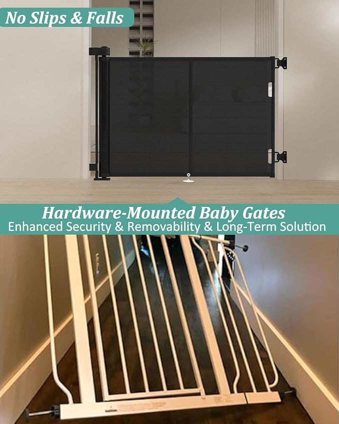 50 inch Retractable Baby Gates 34 inch Tall, Retractable Gate with Reinforced Strip Design to Prevent Crawling Through, Retractable Dog Gate for Stairs, Doorways, Hallways