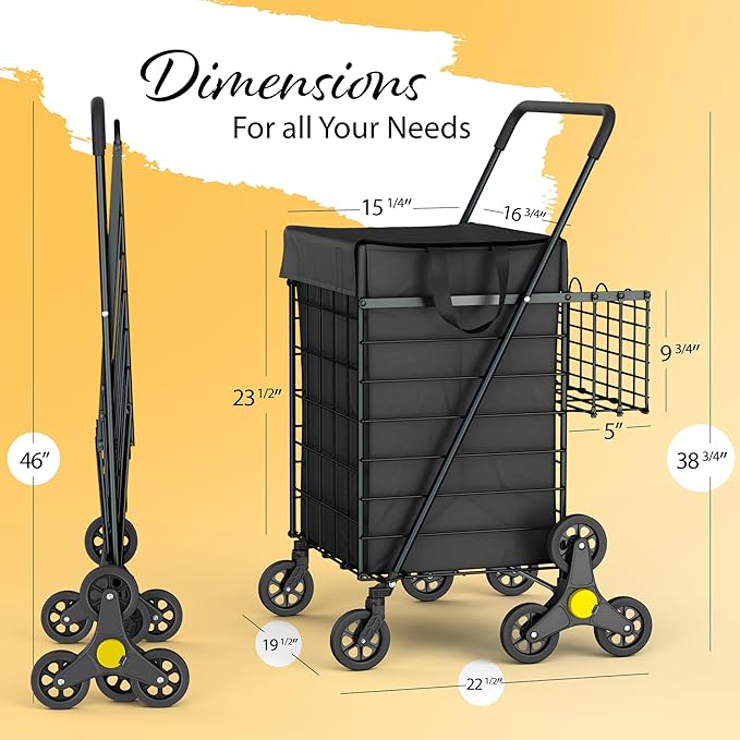 Stairs Climbing Shopping Cart w/Waterproof Basket Liner & 360° Swivel Wheels | Foldable Collapsible & Lightweight | Perfect for Groceries Laundry Utility Cart - Black