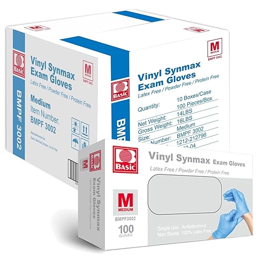 Jointown Basic Vinyl Exam Gloves-Safty Glove Latex-Free & Powder-Free, Synmax Disposable Medical Glove, BMPF3002 Medium (Case of 1000, Blue)
