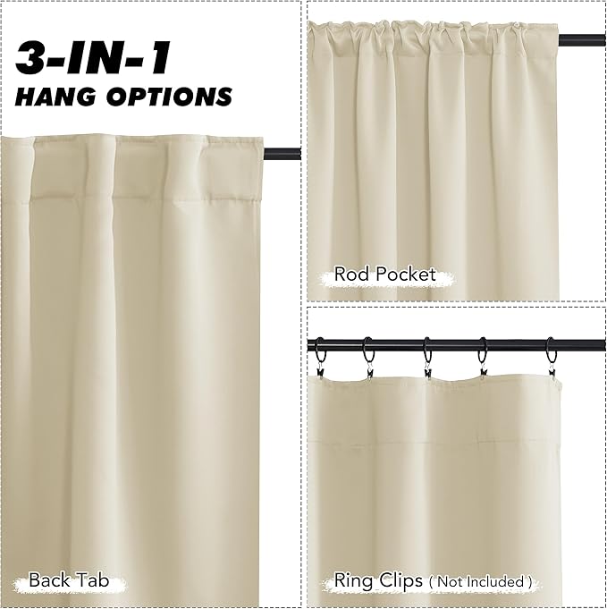 KGORGE Small Window Curtains Blackout Privacy Solid Thermal Insulating Rod Pocket Window Treatment Energy Saving Curtains for Kids Bedroom Kitchen Office, W34 x L45, Biscotti Beige, 2 Panels