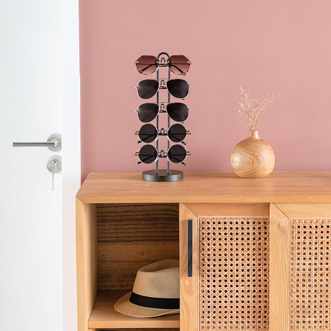 Mkono Sunglasses Organizer Glasses Holder Stand Sunglass Storage Eyeglasses Rack Metal Frame with Wood Base for 5 Pairs of Eyewear Display for Table Desk Countertop Dresser Bedroom, Set of 1, Black