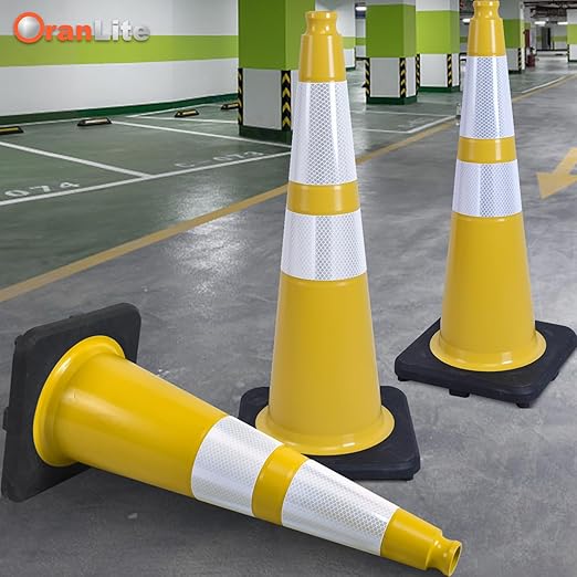Fluorescent Orange/Green PVC Traffic Cones, Heavy Black Base Parking Lot Cone Structurally Stable Weatherproof Road Construction Safety Cones (8, Yellow, 28" Large)