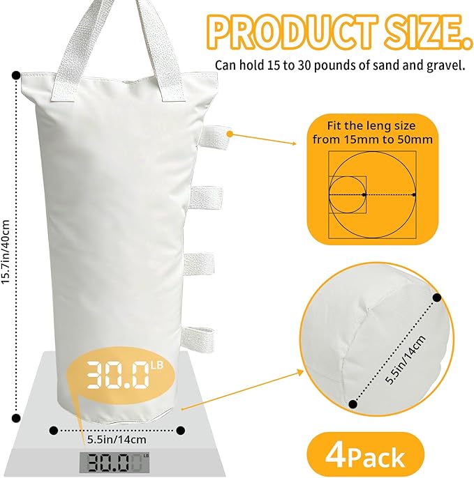Extra Large Canopy Weights Bag Leg Weight for Pop up Canopy Tent Gazebo Patio Instant Outdoor Sun Shelter,120LBS Tent Weight Sand Bags (4Set White)