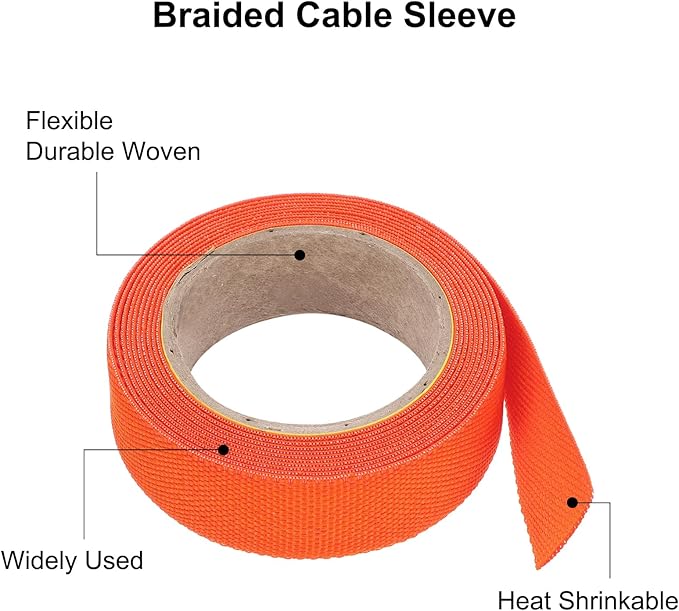 MECCANIXITY Braided Cable Sleeves Heat Shrinkable Fabric Sleeving, 5/8" 10ft Orange 2:1 Ratio Heat Shrinkable Cord Protector for Harness Cable, Network Cable Protection, Cable Management