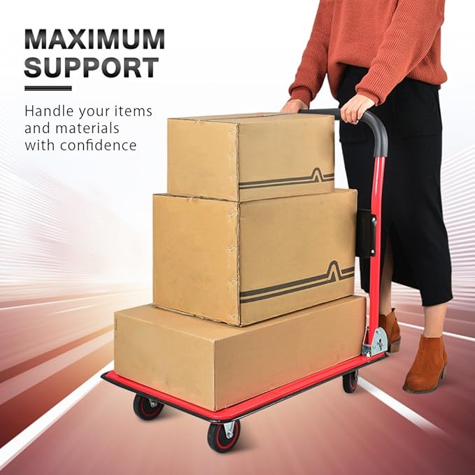 Push Cart Dolly by Wellmax, Moving Platform Hand Truck, Foldable for Easy Storage and 360 Degree Swivel Wheels with 330lb Weight Capacity, Red Color