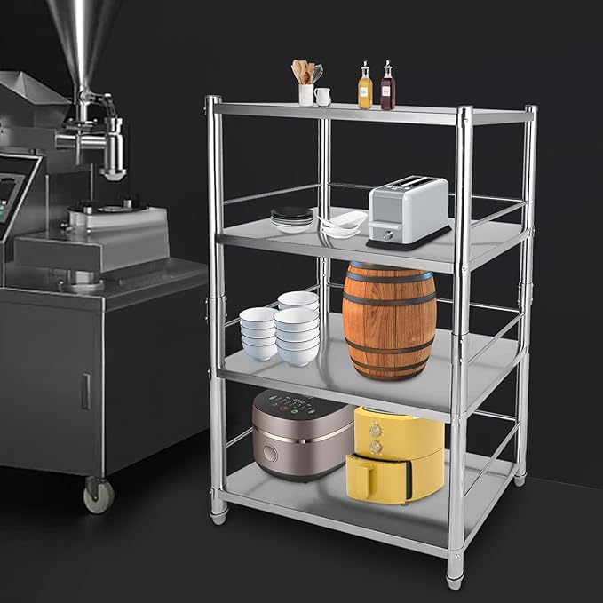 Stainless Steel Shelving, 31.5"x15.8" 4 Tier Adjustable Shelf Storage Organizer, 200lbs/Layer Heavy Duty Commercial Office Garage Storage Unit, Standing Shelf Shelving for Store & Display Good