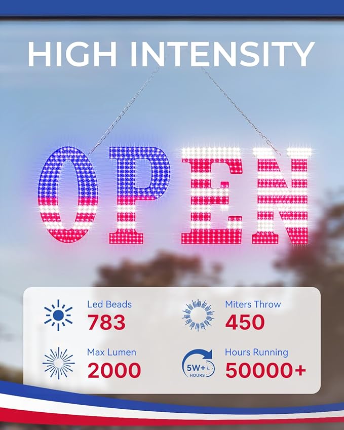 41'' x 15" Large Open Signs for Business, Super Bright LED Open Closed Sign with Hanging Installation, Light Up Sign for Bar Store Restaurant Office Hotel Salon USA Flag