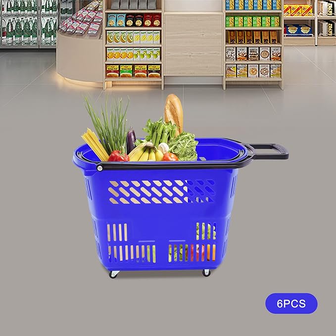 35L 6PCS Shopping Carts with Wheels and Handle, Plastic Rolling Basket, Portable Shopping Baskets Set for Supermarkets and Retail Stores