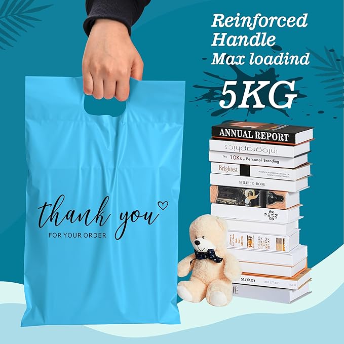 JinRuiKJ Poly Mailers with Handle 14.5x19 Inch 50 Pcs, Easy to Carry Packaging Bags for Small Business, Thank You Shipping Bags with Self Adhesive Strip, Tearproof and Waterproof - Blue