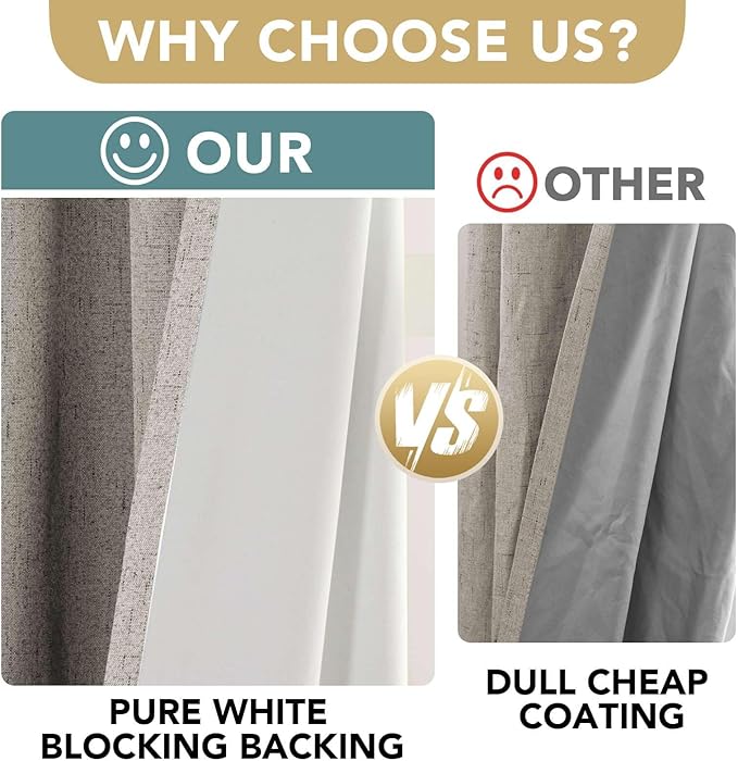 H.VERSAILTEX Linen Blackout Curtains 96 Inches, 100% Absolutely Blackout Thermal Insulated Textured Linen Look Curtain Draperies Anti-Rust Grommet with White Liner, 2 Panels, Stone