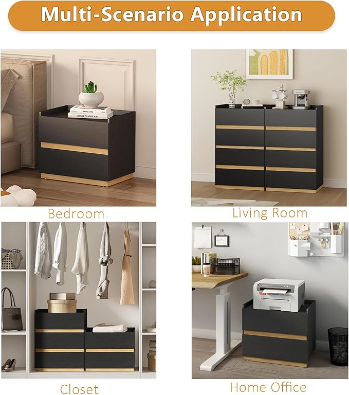 Large Modern Nightstand Black Bedside Table, 2 Drawer Dresser Wood Stackable Storage Drawers for Clothes for Closet, Bedroom, 24"x16"x20"