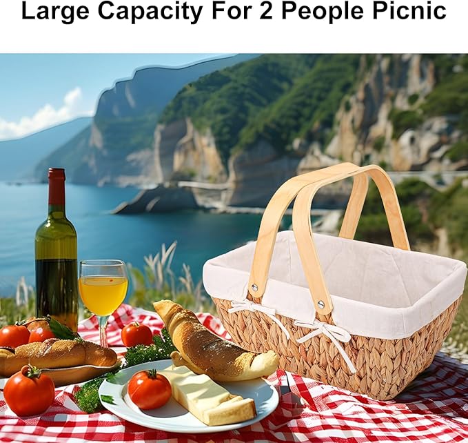 Wicker Picnic Basket with Handle and White Liner, Perfect for Couples, Families, and Friends. Hand-Woven Water Hyacinth Basket with Lining for Outdoor Dining and Home Decor