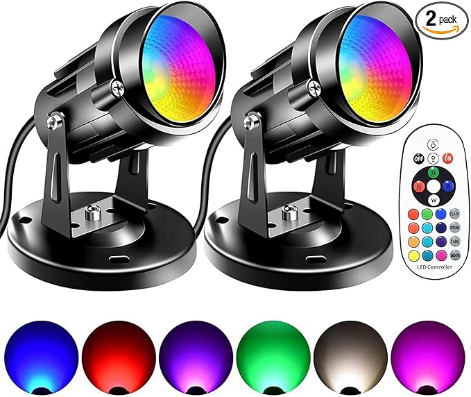 RGBW 6W Color Changing Spot Lights with Remote, 16-Color Uplighting Indoor, 120V Plug-in & 6FT Cord, Includes Floor Foot Switch & Base (2-Pack)