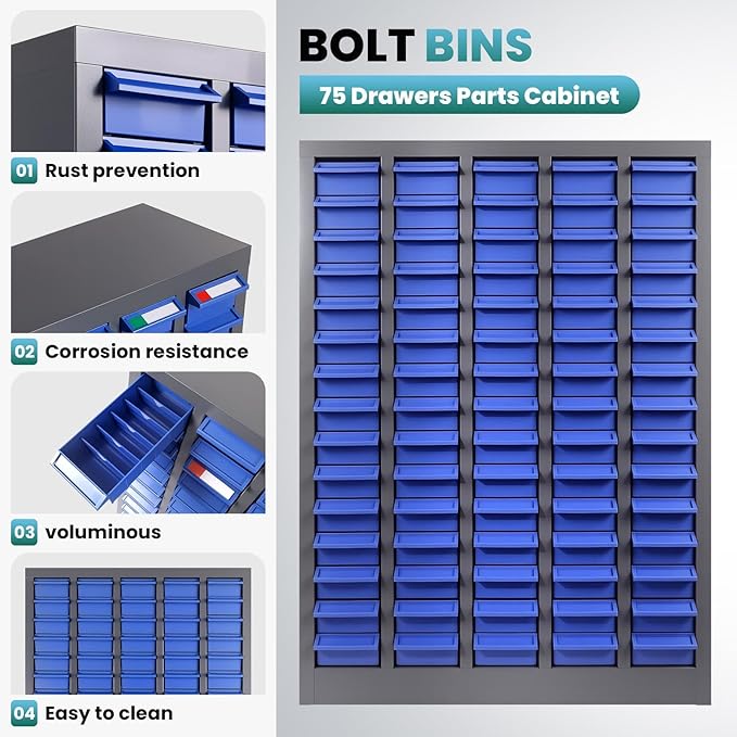 75 Drawers Parts Cabinet for Nuts, Bolts, Screws, Nut and Bolt Organizer with ABS Material Drawer, Bolt Bin Tool Storage Cabinet in Workshop, Garage, Office (75 Drawers)