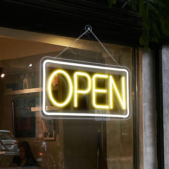 Open Signs for Business,Neon Open Sign Led,16.5"x 9",with Open/Closed Bussiness Hour Sign Set,Light for Bar Coffee Salon Store Window,12V/2A Adapter with ON/OFF Switch (Yellow/White Horizontal)