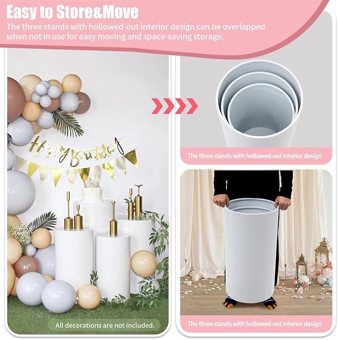 3 Pcs Wedding Cylinder Stands, Party Cylinders Set of 3 Stand, Metal Round Cylinder Tables for Wedding Birthday Party Ceremony Art Decor