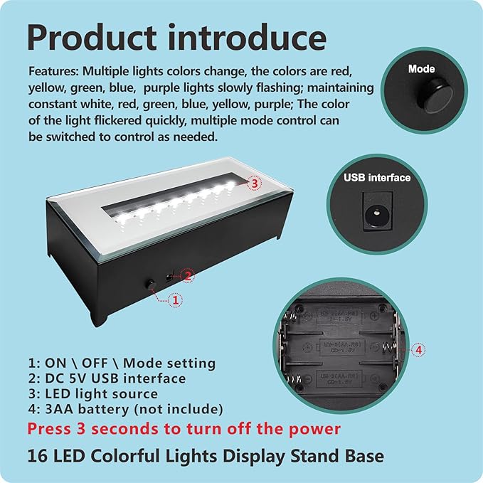 16 LED Light Display Stand Base for 3D Crystal Glass Art,Room Decoration and Holiday Casual Atmosphere Ornament Lamp- 6 Inch Rectangular Illuminated Holder Colorful Lights (black)