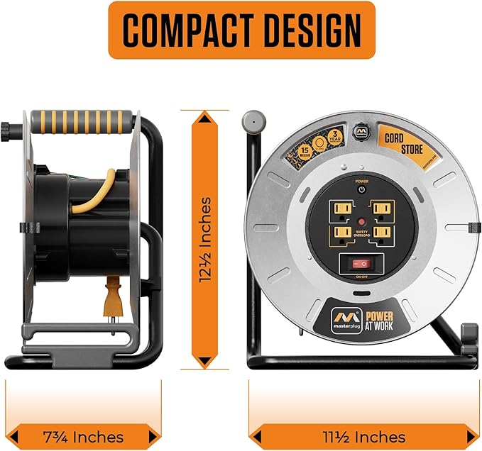 Masterplug 1ft Cord Reel, Metal Cable Drum, Retractable Extension Lead with Winding Handle, Safety Overload Circuit Breaker and Power Switch, 4x Grounded Outlets, 15amps, 12AWG Cable