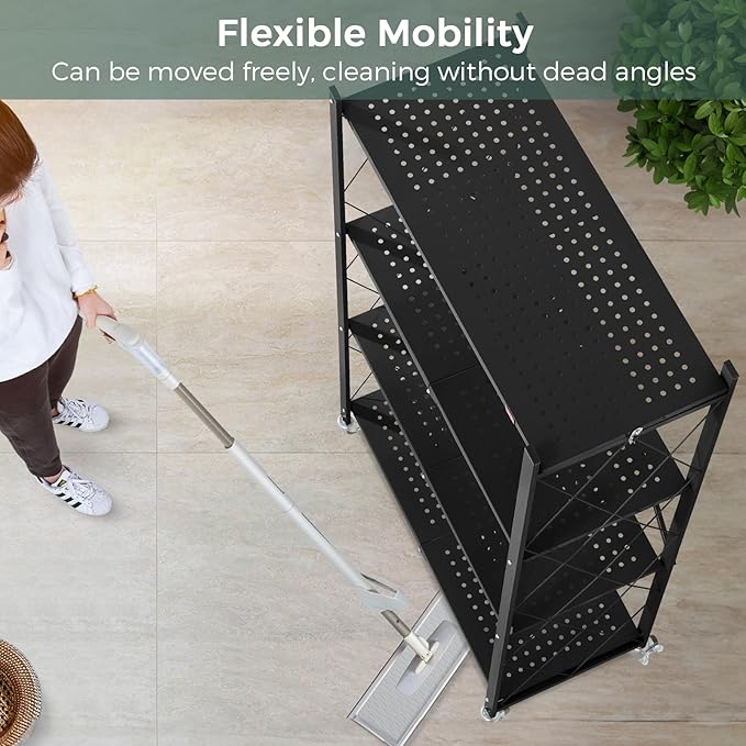 DEANIC 4 Tier Foldable Storage Shelves with Wheels, Large Capacity Shelving Unit, Freestanding Metal Wire Shelf Rack, No Assembly Organizer Rack for Garage Kitchen, Basement, Pantry(Black Pack of 2)