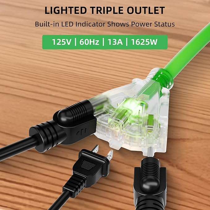 80FT Retractable Extension Cord Reel, 14 AWG/3C SJTOW Heavy Duty Power Cord with Lighted Triple Outlet, 13A Circuit Breaker, 180° Swivel Wall/Ceiling Mount Retractable Cord Reel, ETL Listed, Green