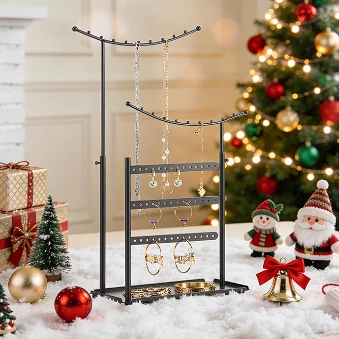 LAMU Jewelry Organizer, 5 Tier Jewelry Stand Display with Anti Entanglement Necklace Holder Tree, Height Adjustable Stroage for Earrings Rings Studs Bracelet, Christmas Gifts for Women Girls, Black