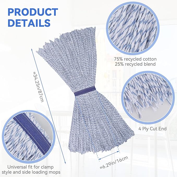 Commercial Heavy Duty Mop Heads Replacement for Rubbermaid: 6 Packs Industrial Wet Mop Head for Floor Cleaning - Commercial Products Wet Refills