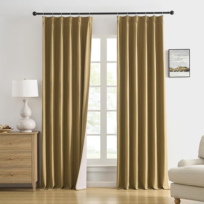 DUALIFE Gold Tan Pinch Pleated Blackout Curtains 96 Inches Long, Back Tab with Hooks, Linen Full Black Out Thermal Insulated Track Curtain for Bedroom Living Room,40 W x 96 L, 2 Panels