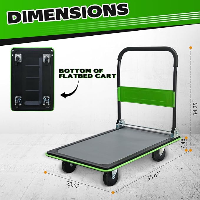 660lbs Large Size Heavy Duty Green Flatbed Cart, Folding Platform Hand Truck with 360° Swivel Silent Wheels, Steel Push Dolly for Warehouse & Moving