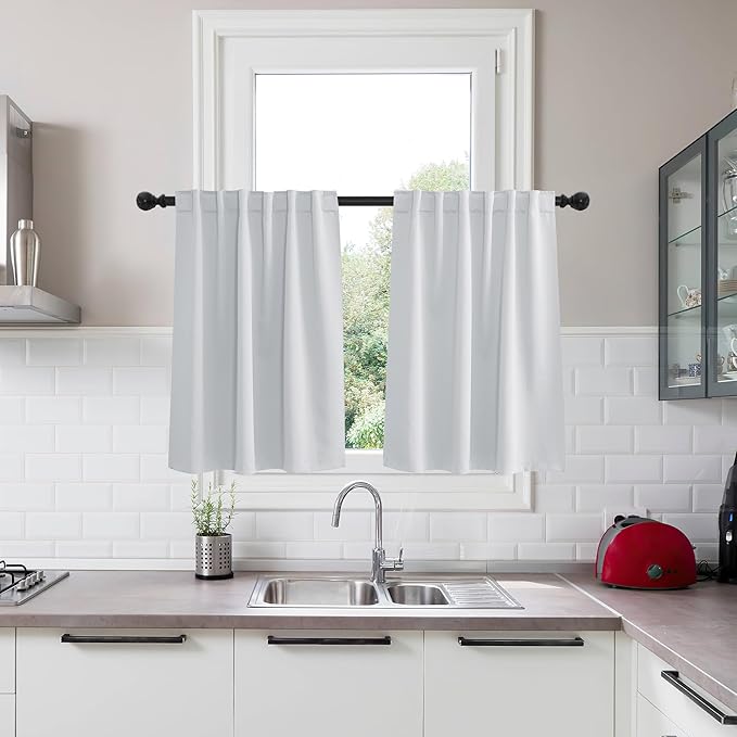 KGORGE Kitchen Curtains 36 inches Long, Back Tab Privacy Thermal Insulation Light Filtering Short Half Window Tiers for Bathroom Basement Office, W34 x L36 inches, Greyish White, 2 Panels