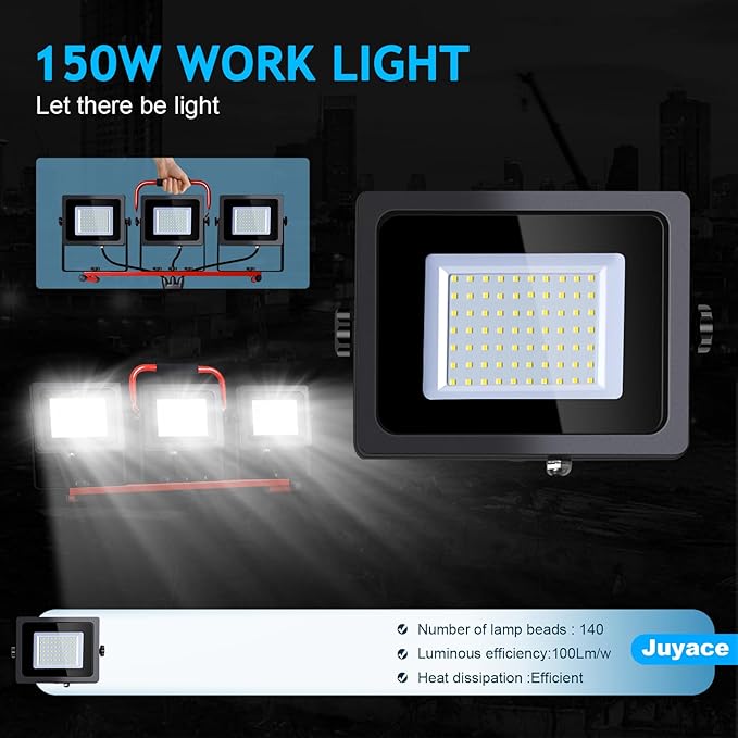 Juyace 14000Lm LED Work Light with Stand 150W 5000K Dual Head Lamp with Independent Switch Portable Construction Flood Outdoor IP65 Waterproof for Garage Workshop Backyard