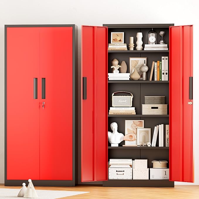 Greenvelly Metal Storage Cabinet, 63" H Locking Metal Storage Cabinet with Doors and 4 Shelves, Lockable Steel Cabinets for Kitchen, Bedroom, Living Room, Office (Red)