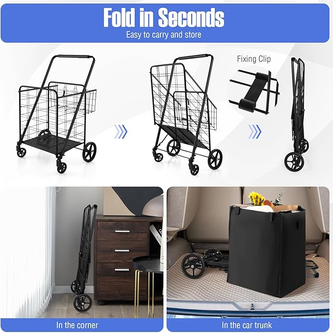 Goplus Shopping Cart for Groceries, Jumbo Upgraded Folding Grocery Cart with Waterproof Liner, 330 LBS Weight Capacity, 360° Swivel Wheels, 33 Gal Double Basket, Heavy Duty Foldable Utility Cart