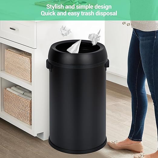 17 Gallon/65L Trash Can, Heavy Duty Stainless Steel Open Top Trash Can, Fingerprint-Proof Round Kitchen Trash Bin, Commercial Garbage Can for Restaurant, Home, Office(Black)