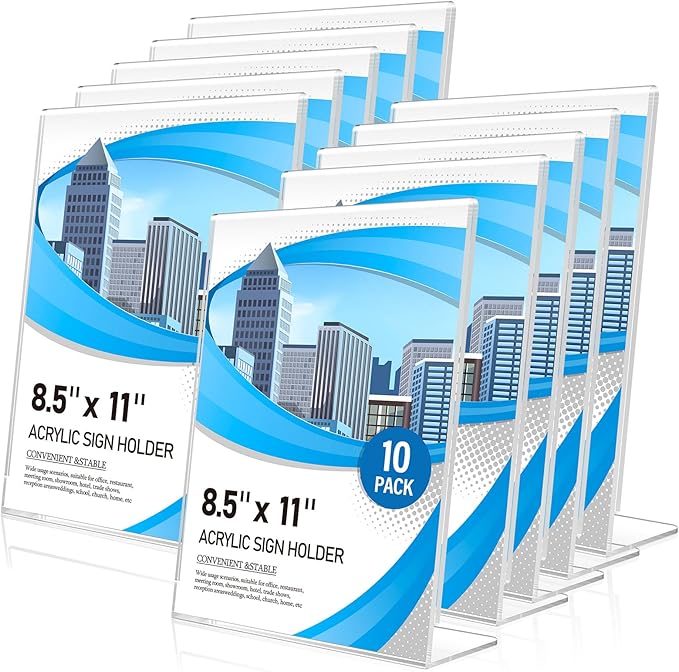 Acrylic Sign Holder 8.5 x 11 10 Pack, Double-Sided Clear Sign Holder Plastic Stands for Display, Table Sign Stands, T Shape Flyer Holder