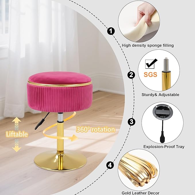 Adjustable Vanity Stool with Storage, 360° Swivel Makeup Stool Chair Small Velvet Round Ottoman with Gold Base for Bedroom (Hot Pink)