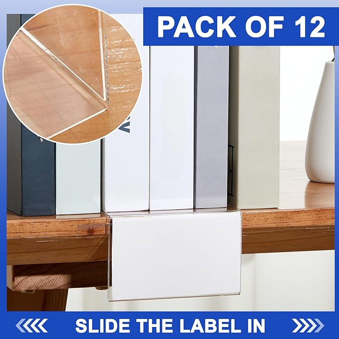 12 Pcs Acrylic Library Moveable Shelf Label Holders Bulk Talker 5" x 3" Clear Shelf Display Markers Retail Label Tags for Office Home Classroom Office Book Shelve