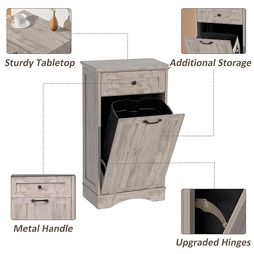 13 Gallons Tilt Out Trash Cabinet Freestanding Kitchen Trash Bin Cabinet Wood Garbage Recycling Cabinet with Hideaway Drawer Pet Proof Trash Can Holder for Kitchen Living Room, Grey